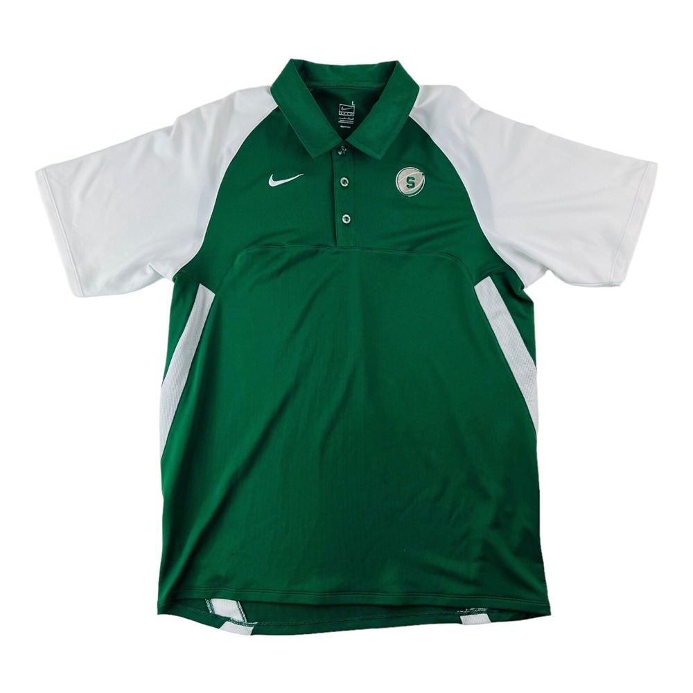 VTG Nike Team Green & White Colorblock Short Michigan State Polo Men‎ Sz Large